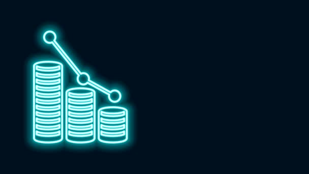Leuchtende Neon Line Pie Chart Infografik und Münzsymbol isoliert auf schwarzem Hintergrund. Diagrammdiagramm-Zeichen. 4K Video Motion Grafik Animation — Stockvideo