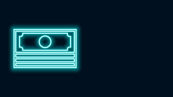 Glowing neon line Stacks paper money cash icon isolated on black background. Money banknotes stacks. Bill currency. 4K Video motion graphic animation — Stock Video