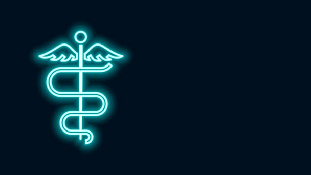 Светящийся неоновая линия Caduceus змея медицинский символ значок изолирован на черном фоне. Медицина и здравоохранение. Эмблема для аптеки или лекарств, аптеки. Видеографическая анимация 4K — стоковое видео