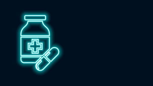 Glowing neon line Medicine bottle and pills icon isolated on black background. Bottle pill sign. Pharmacy design. 4K Video motion graphic animation — Stock Video