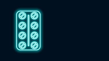 Parlayan neon çizgisi hapları siyah arka planda izole edilmiş. İlaç paketi. Tablet, vitamin, antibiyotik, aspirin. 4K Video hareketli grafik canlandırması
