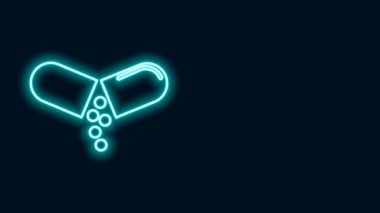 Siyah arkaplanda parlayan neon hattı ilaç veya tablet ikonu. Kapsül hapı ve uyuşturucu işareti. Eczane tasarımı. 4K Video hareketli grafik canlandırması