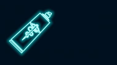 Parlayan neon hattı merhem tüp tıp ikonu siyah arkaplanda izole edilmiş. Tüp, kap, diş macunu, krem rengi. 4K Video hareketli grafik canlandırması