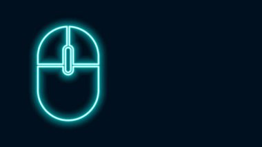 Parlayan neon hattı Bilgisayar fare simgesi siyah arkaplanda izole edildi. Tekerlek sembollü optik. 4K Video hareketli grafik canlandırması