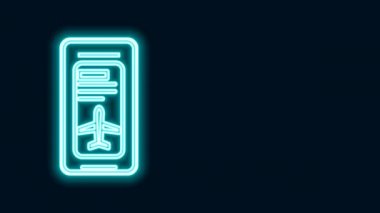 Siyah arka planda elektronik geçiş kartı olan parlak neon hat akıllı telefon ikonu. Web ve uygulama için yolcu uçağı bileti. 4K Video hareketli grafik canlandırması