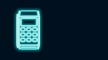 Parlayan neon hattı Pos terminal simgesi siyah arkaplanda izole edildi. Ödeme terminali işlemi. Kartla öde. 4K Video hareketli grafik canlandırması