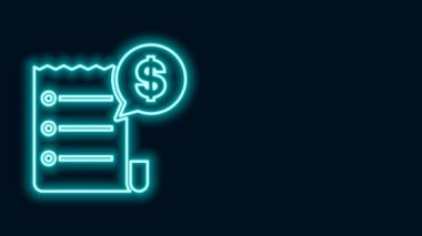 Parlayan neon hattı kağıt kontrolü ve finansal kontrol simgesi siyah arka planda izole edildi. Kağıt baskı çeki, makbuz ya da fatura. 4K Video hareketli grafik canlandırması