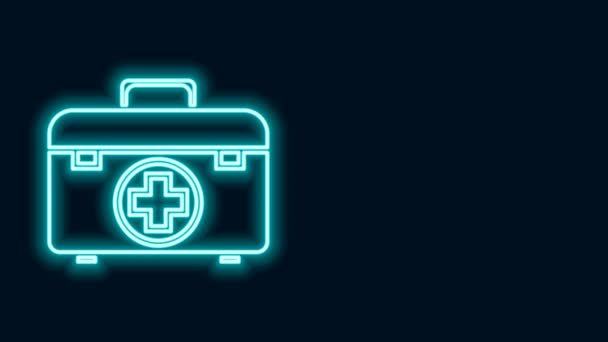 Linea neon luminosa Icona del kit di pronto soccorso isolata su sfondo nero. Scatola medica con croce. Attrezzature mediche per l'emergenza. Concetto sanitario. Animazione grafica 4K Video motion — Video Stock