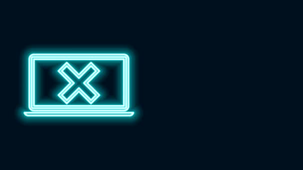 Gloeiende neon lijn Laptop en cross mark op het scherm pictogram geïsoleerd op zwarte achtergrond. Foutvenster, exit knop, annuleren, 404 foutpagina niet gevonden concept. 4K Video motion grafische animatie — Stockvideo