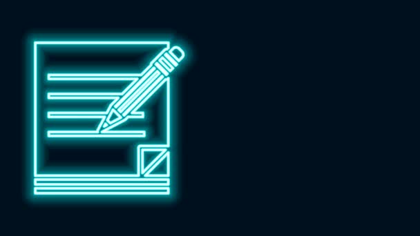 Zářící neonová čára Prázdný zápisník a tužka s gumovou ikonou izolovanou na černém pozadí. Papír a tužka. Grafická animace pohybu videa 4K — Stock video