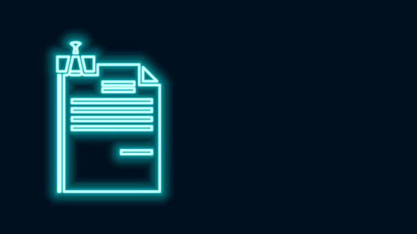 Zářivý neonový řádek Dokument a ikona klipu pořadače izolované na černém pozadí. Ikona seznamu. Obchodní koncept. Grafická animace pohybu videa 4K — Stock video