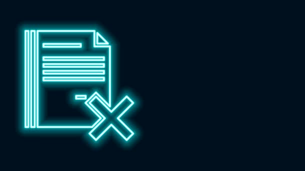 Glowing neon line Delete file document icon isolated on black background. Rejected document icon. Cross on paper. 4K Video motion graphic animation — Stock Video