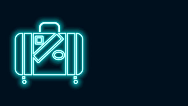 Gloeiende neon lijn Koffer voor reizen en stickers pictogram geïsoleerd op zwarte achtergrond. Reisbagagebord. Reisbagage icoon. 4K Video motion grafische animatie — Stockvideo