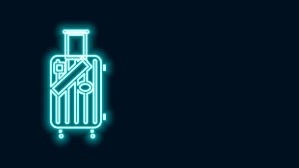 Leuchtende Neon-Line-Koffer für Reisen und Aufkleber-Symbol isoliert auf schwarzem Hintergrund. Reisegepäckzeichen. Reisegepäcksymbol. 4K Video Motion Grafik Animation — Stockvideo