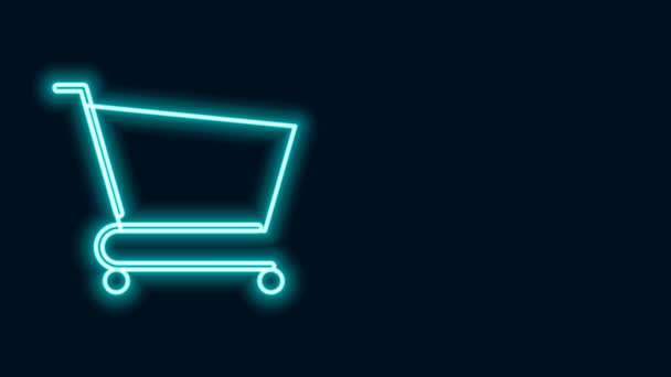 Zářící neonová čára Ikona nákupního košíku izolovaná na černém pozadí. Online nákupní koncept. Podpis doručovací služby. Symbol supermarketu. Grafická animace pohybu videa 4K