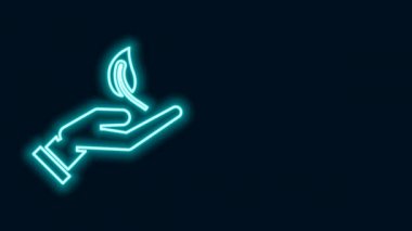 Siyah arka planda izole edilmiş çevre koruma ikonu elinde parlayan neon hattı filizi. Tohum ve tohum. Fidan dikiyorum. Ekoloji konsepti. 4K Video hareketli grafik canlandırması