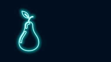 Parlayan neon hattı Pear simgesi siyah arkaplanda izole edildi. Yaprak sembollü meyve. 4K Video hareketli grafik canlandırması