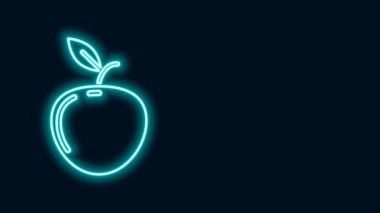 Parlayan neon çizgisi Apple simgesi siyah arkaplanda izole edildi. Yaprak sembollü meyve. 4K Video hareketli grafik canlandırması