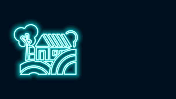 Žhnoucí neonová čára Koncepce Farm House ikona izolované na černém pozadí. Rustikální zemědělská krajina. Grafická animace pohybu videa 4K — Stock video
