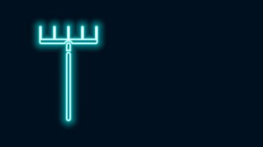 Parlayan neon çizgisi tırmık simgesi siyah arkaplanda izole edildi. Bahçecilik, tarım, çiftçilik aleti. Toprak işçisi. Temizlik ekipmanları. 4K Video hareketli grafik canlandırması