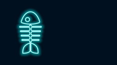 Parlayan neon hattı. Siyah arka planda balık iskeleti ikonu izole edildi. Balık kemiği işareti. 4K Video hareketli grafik canlandırması