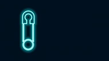Parlayan neon hattı klasik kapalı çelik güvenlik iğnesi simgesi siyah arkaplanda izole edildi. 4K Video hareketli grafik canlandırması