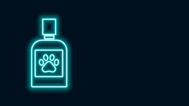 Glödande neon line Dog medicin flaska ikon isolerad på svart bakgrund. Behållare med piller. Receptbelagd medicin för djur. 4K Video motion grafisk animation — Stockvideo