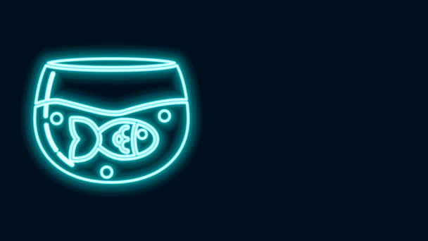 Zářící neonová čára Akvárium s ikonou ryby izolované na černém pozadí. Okrouhlé akvárium. Akvárium pro domácí mazlíčky. Grafická animace pohybu videa 4K — Stock video
