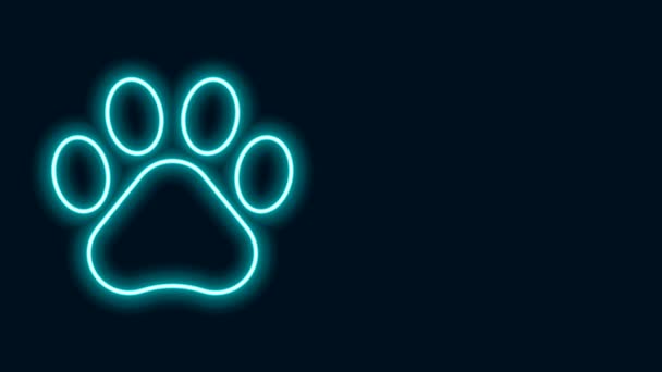 Parlayan neon çizgisi Paw yazdırma simgesi siyah arkaplanda izole edildi. Köpek ya da kedi pençesi izi. Hayvan izleri. 4K Video hareketli grafik canlandırması — Stok video