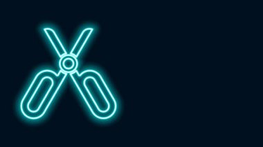 Parlayan neon hattı makas simgesi siyah arkaplanda izole edildi. Terzi sembolü. Alet kesme işareti. 4K Video hareketli grafik canlandırması