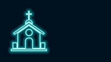 Parlayan neon hattı kilise binası simgesi siyah arka planda izole edildi. Hıristiyan Kilisesi. Kilisenin dini. 4K Video hareketli grafik canlandırması