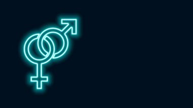 Parlayan neon hattı siyah arkaplanda cinsiyet simgesi izole edildi. Erkek ve kadın sembolleri. Seks sembolü. 4K Video hareketli grafik canlandırması