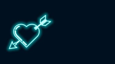 Siyah zemin üzerinde izole edilmiş kalp ve ok ikonu olan parlak neon çizgi Amour sembolü. Aşk işareti. Sevgililer Günü sembolü. 4K Video hareketli grafik canlandırması