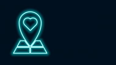 Siyah arkaplanda kalp simgesi izole edilmiş parlak neon çizgisi haritası. Sevgililer Günü. Aşk yeri. Romantik harita iğnesi. 4K Video hareketli grafik canlandırması