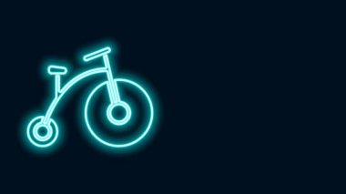 Parlak neon çizgisi, tek tekerli eski bisiklet ve siyah arka planda izole edilmiş küçük bir ikon. Bisikletle toplu taşıma levhası. 4K Video hareketli grafik canlandırması