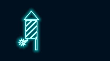 Parlayan neon hattı Havai fişek roketi ikonu siyah arkaplanda izole edildi. Eğlence partisi anlayışı. Patlayıcı havai fişek sembolü. 4K Video hareketli grafik canlandırması