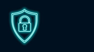 Siyah arka planda kilit simgesi izole edilmiş parlak neon hat kalkan güvenliği. Koruma, güvenlik, şifre güvenliği. Güvenlik duvarı gizlilik levhası. 4K Video hareketli grafik canlandırması
