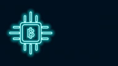 Parlayan neon hattı CPU maden çiftliği ikonu siyah arka planda izole edildi. İşlemcinin içinde bitcoin işareti. Kripto para madenciliği topluluğu. Dijital para. 4K Video hareketli grafik canlandırması