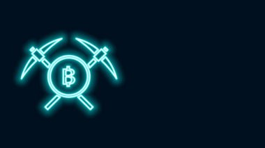 Parlayan neon hattı siyah arkaplanda izole edilmiş kazma simgesini geçti. Engelleme teknolojisi, kripto para madenciliği, bitcoin, altsikkeler, dijital para piyasası. 4K Video hareketli grafik canlandırması