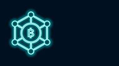 Parlayan neon hattı Blockchain teknolojisi Bitcoin simgesi siyah arkaplanda izole edildi. Soyut geometrik blok zincir ağ teknolojisi işi. 4K Video hareketli grafik canlandırması