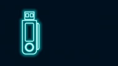 Parlayan neon hattı USB flash disk simgesi siyah arkaplanda izole edildi. 4K Video hareketli grafik canlandırması