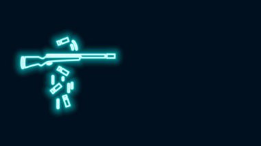 Parlayan neon hattı silah ateşleme ikonu siyah arkaplanda izole edildi. 4K Video hareketli grafik canlandırması