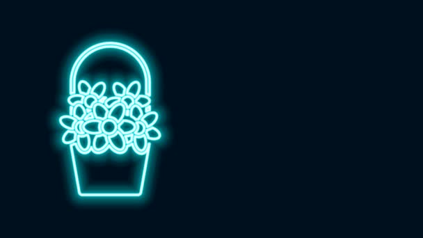 Brillante línea de neón Flores en un icono de la cesta aislado sobre fondo negro. Animación gráfica de vídeo 4K — Vídeos de Stock