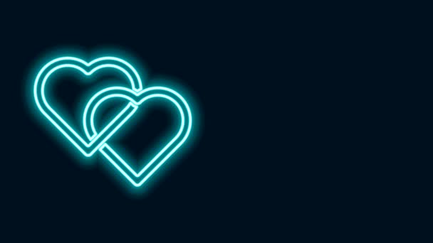 Linha de néon brilhante Dois corações ligados ícone isolado no fundo preto. Símbolo romântico ligado, juntar, paixão e casamento. Símbolo do dia dos namorados. Animação gráfica em movimento de vídeo 4K — Vídeo de Stock