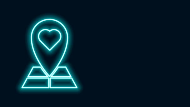 Świecąca neonowa linia Wskaźnik mapy z ikoną serca na czarnym tle. Walentynki. Miejsce miłości. Romantyczny znaczek na mapie. 4K Animacja graficzna ruchu wideo — Wideo stockowe