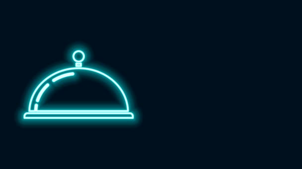 Linha de néon brilhante Coberto com uma bandeja de ícone de comida isolada no fundo preto. Bandeja e tampa. Cloche restaurante com tampa. Símbolo de utensílios. Animação gráfica em movimento de vídeo 4K — Vídeo de Stock