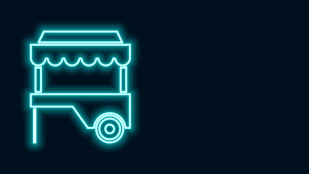 Glowing neon line Fast street food cart with awning icon isolated on black background. Urban kiosk. 4K Video motion graphic animation — Stock Video