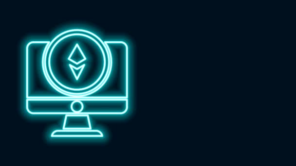Világító neon vonal Monitor és Cryptocurrency érme Ethereum ETH ikon elszigetelt fekete alapon. Altcoin szimbólum. Blokkolólánc alapú biztonságos titkosító valuta. 4K Videó mozgás grafikus animáció — Stock videók