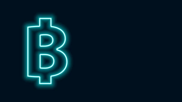 Glödande neon line Cryptocurrency mynt Bitcoin ikon isolerad på svart bakgrund. Fysiskt bitmynt. Blockkedjebaserad säker kryptovaluta. 4K Video motion grafisk animation — Stockvideo