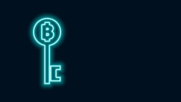 Gloeiende neon lijn Cryptogeld Bitcoin key icoon geïsoleerd op zwarte achtergrond. Concept van cyberbeveiliging of digitale sleutel met technologische interface. 4K Video motion grafische animatie — Stockvideo